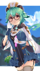 Rule 34 | 1girl, absurdres, animal ears, black thighhighs, blue sky, blush, breasts, bug, butterfly, cowboy shot, day, fur trim, garter straps, gem, genshin impact, gloves, green hair, hat, highres, insect, long sleeves, looking at viewer, potion, round eyewear, sky, solo, sucrose (genshin impact), sweatdrop, thighhighs, yatsucchie, yellow eyes