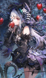 Rule 34 | 1girl, apple, black dress, black gloves, black hair, breasts, commentary, cowboy shot, cross, cross earrings, dress, earrings, english commentary, flower, flower-shaped pupils, flower over eye, food, fruit, gloves, hat, highres, holding, holding food, holding fruit, jewelry, kim eb, large breasts, long hair, looking at viewer, mole, mole under eye, multicolored hair, original, pink eyes, silver hair, solo, standing, streaked hair, symbol-shaped pupils, tail, thigh strap, white flower