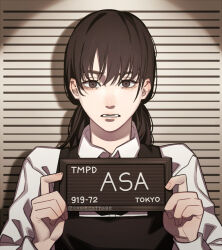 Rule 34 | 1girl, barbie (franchise), barbie (live action), barbie mugshot (meme), black hair, chainsaw man, character name, cosiecottage, dress, fourth east high school uniform, height chart, height mark, holding, holding sign, long hair, looking at viewer, low twintails, meme, mitaka asa, mugshot, open mouth, pinafore dress, school uniform, sign, sleeveless, sleeveless dress, solo, twintails, twitter username