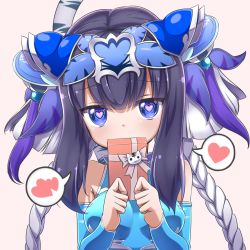 Rule 34 | 1girl, bare shoulders, black hair, blue eyes, blush, braid, cat tail, china dress, chinese clothes, double bun, dress, gift, hair ornament, haku (p&amp;d), heart, heart-shaped pupils, lilium0235, long hair, looking at viewer, multicolored hair, purple hair, puzzle &amp; dragons, solo, spoken heart, symbol-shaped pupils, tail, tiger tail, twin braids, valentine, white hair