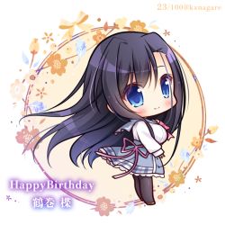 Rule 34 | 1girl, black hair, black pantyhose, blue eyes, blue sailor collar, blue skirt, blush, breasts, brown flower, brown footwear, character name, chibi, closed mouth, commentary request, copyright request, floral background, hair between eyes, happy birthday, long hair, long sleeves, medium breasts, pantyhose, pink ribbon, plaid, ribbon, ryuuka sane, sailor collar, school uniform, serafuku, shirt, shoes, skirt, sleeves past wrists, smile, solo, twitter username, very long hair, white shirt