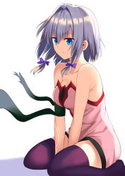 Rule 34 | 1girl, arm ribbon, arm tattoo, backlighting, bare arms, bare shoulders, between legs, blue eyes, bow, breasts, cleavage, closed mouth, collarbone, dress, expressionless, green ribbon, grey hair, hair between eyes, hair bow, hair intakes, hair ribbon, highres, looking away, mahcdai, medium breasts, medium hair, original, pink dress, purple bow, purple thighhighs, ribbon, short dress, simple background, sitting, solo, strapless, strapless dress, tattoo, thighhighs, torn ribbon, tress ribbon, v arms, wariza, white background, wind
