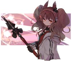 Rule 34 | 1girl, angelina (arknights), animal ears, arknights, black gloves, black shirt, blush, brown hair, character name, closed mouth, coat, collar, cropped torso, electricity, fox ears, gloves, hairband, holding, holding staff, hood, hood down, hooded coat, jacket, jamir, long hair, open clothes, open jacket, orange eyes, red hairband, red jacket, shirt, sidelocks, solo, staff, twintails, upper body, white coat
