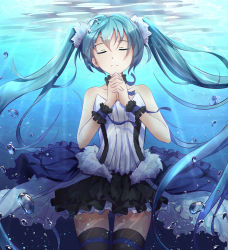 Rule 34 | 1girl, 7th dragon, 7th dragon (series), 7th dragon 2020, aqua hair, bubble, byakuya reki, closed eyes, hatsune miku, long hair, md5 mismatch, own hands clasped, own hands together, revision, skirt, solo, submerged, thighhighs, twintails, underwater, very long hair, vocaloid, water