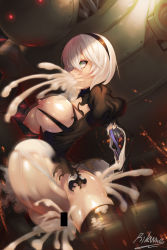 Rule 34 | 2b (nier:automata), all the way through, amputee, android, artist name, ass, bar censor, breasts, censored, constricted pupils, covering own mouth, cum, cum in ass, cum in mouth, cum in pussy, cum overflow, damaged, eyelashes, green eyes, hairband, highres, large breasts, large insertion, leg grab, looking up, motion blur, nier:automata, nier (series), pain, puffy sleeves, rikume, robot, saliva, silver hair, skindentation, solo, spread legs, stomach bulge, sweat, tears, torn clothes, vomit, vomiting, vomiting cum
