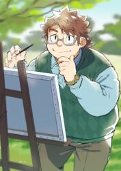 Rule 34 | 1boy, bara, blue shirt, brown eyes, brown pants, canvas (object), closed mouth, easel, finger to own chin, glasses, highres, licht (housamo), male focus, medium hair, paintbrush, pants, purasu no konbu, raised eyebrows, shirt, solo, sweater vest, tokyo houkago summoners, watch