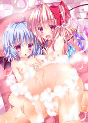 Rule 34 | 2girls, ass, bad id, bad pixiv id, bat wings, blonde hair, blue hair, blush, bow, breasts, censored, chestnut mouth, convenient censoring, fang, flandre scarlet, hair bow, holding hands, highres, interlocked fingers, kneeling, looking at viewer, looking back, md5 mismatch, multiple girls, navel, nipples, nude, pink eyes, remilia scarlet, rika-tan (rikatantan), siblings, sisters, sitting, small breasts, spread legs, steam, touhou, wet, wings