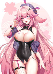 Rule 34 | 1girl, :d, alternate costume, animal ears, bare shoulders, black leotard, breasts, cleavage, covered navel, cowboy shot, cropped jacket, fishnet thighhighs, fishnets, fox ears, garter straps, genshin impact, gou lianlian dogface, hair ornament, hairclip, hand up, hat, heart, heart-shaped pupils, jacket, large breasts, leotard, long hair, looking at viewer, nail polish, nipples, off shoulder, open clothes, open jacket, open mouth, pink hair, purple eyes, purple jacket, pussy, single thighhigh, smile, solo, symbol-shaped pupils, thighhighs, thighs, tongue, tongue out, very long hair, wristband, x hair ornament, yae miko