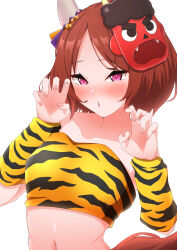 Rule 34 | 1girl, :o, absurdres, animal ears, blush, bob cut, brown hair, claw pose, collarbone, commentary request, detached sleeves, dtawawa, ear covers, elbow sleeve, fingernails, flower in eye, forehead, gao, hands up, highres, horse ears, horse girl, horse tail, mask, midriff, navel, oni costume, oni mask, open mouth, parted bangs, parted lips, partial commentary, pink eyes, sakura laurel (oni laurel) (umamusume), sakura laurel (umamusume), short hair, simple background, solo, stomach, strapless, symbol-shaped pupils, symbol in eye, tail, tube top, umamusume, umamusume: star blossom, upper body, white background, yellow tube top