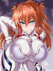 Rule 34 | 1girl, alternate breast size, blue eyes, bodysuit, breasts, evangelion: 3.0+1.0 thrice upon a time, glowing, glowing eye, grin, hand on own hip, hand on own thigh, hand on thigh, highres, huge breasts, interface headset, leaning forward, long hair, neon genesis evangelion, orange hair, pilot suit, plugsuit, puripuri jet, rebuild of evangelion, smile, solo, souryuu asuka langley, two side up, white bodysuit
