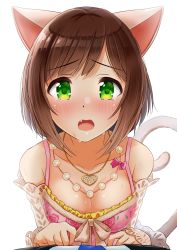 Rule 34 | 1girl, animal ears, blush, breasts, brown hair, cat ears, cat tail, cleavage, cola, collarbone, detached sleeves, fang, green eyes, grey ribbon, highres, idolmaster, idolmaster cinderella girls, idolmaster cinderella girls starlight stage, jewelry, kibihimi, looking at viewer, maekawa miku, necklace, open mouth, short hair, swept bangs, tail, tears
