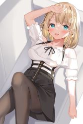 Rule 34 | 1girl, :d, arm up, bare shoulders, black pantyhose, black skirt, blonde hair, blue eyes, blush, collarbone, couch, feet out of frame, hair ornament, hairclip, high-waist skirt, highres, hololive, hololive english, knee up, looking at viewer, lying, mizuki ryuu, off-shoulder shirt, off shoulder, on back, on couch, open mouth, pantyhose, puffy short sleeves, puffy sleeves, shirt, short sleeves, skirt, smile, solo, suspender skirt, suspenders, virtual youtuber, watson amelia, watson amelia (street casual), white shirt