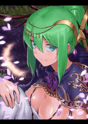 Rule 34 | 1girl, aqua eyes, armor, artemis (p&amp;d), bare shoulders, blush, breasts, circlet, cleavage, green hair, hair ornament, jewelry, jyon, large breasts, letterboxed, long hair, looking at viewer, petals, ponytail, puzzle &amp; dragons, smile, solo