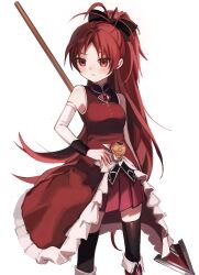 Rule 34 | 1girl, bare shoulders, black bow, black thighhighs, blush, boots, bow, breasts, brooch, closed mouth, commentary, detached sleeves, dress, eyebrows hidden by hair, feet out of frame, hair bow, highres, holding, holding polearm, holding weapon, jewelry, long hair, looking away, mahou shoujo madoka magica, mahou shoujo madoka magica (anime), medium breasts, parted bangs, pleated skirt, polearm, ponytail, red dress, red eyes, red footwear, red hair, red skirt, roseziny, sakura kyoko, simple background, single detached sleeve, skirt, skirt under dress, sleeveless, sleeveless dress, solo, spear, standing, thighhighs, very long hair, weapon, white background, white sleeves, zettai ryouiki