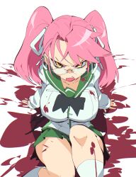 Rule 34 | 1girl, aetherion, angry, blood, breasts, forehead, glasses, highres, highschool of the dead, large breasts, looking at viewer, open mouth, school uniform, sitting, skirt, socks, solo, takagi saya, teeth, thighs, twintails, yellow eyes