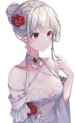 Rule 34 | 1girl, absurdres, amagu / leinkoteu, bare shoulders, blush, breasts, cleavage, closed mouth, collarbone, copyright request, detached sleeves, dress, earrings, flower, gem, hair bun, hair flower, hair ornament, hand up, highres, jewelry, long neck, medium breasts, red eyes, red flower, red rose, rose, sidelocks, single hair bun, sleeveless, solo, upper body, white dress