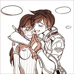 Rule 34 | 2girls, arm around neck, blush, comforting, commentary request, crying, d.va (overwatch), gloves, hooreng, hug, monochrome, multiple girls, open mouth, overwatch, overwatch 1, short hair, tracer (overwatch)