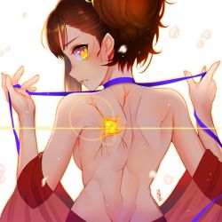 Rule 34 | 10s, 1girl, alcoholrang, back, blue ribbon, breasts, brown hair, koutetsujou no kabaneri, looking at viewer, looking back, medium breasts, mumei (kabaneri), parted lips, ribbon, sideboob, solo, spoilers, two side up, yellow eyes