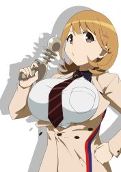 Rule 34 | 10s, 1girl, blazer, breasts, brown eyes, brown hair, buttons, energy gun, framed breasts, gobanme no mayoi neko, hair ornament, hairclip, hand on own hip, heart hair ornament, highres, jacket, large breasts, looking at viewer, narusawa ryouka, necktie, o3o, occultic;nine, popped button, ray gun, school uniform, shadow, short hair, simple background, solo, weapon, white background