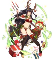 Rule 34 | 1girl, animal ears, antlers, bell, black eyes, black hair, black nails, boots, bow, box, breasts, candelabra, candle, candlestand, cape, christmas, collar, female focus, fire, fire emblem, fire emblem heroes, full body, fur trim, gift, green bow, highres, hime cut, horns, long hair, looking at viewer, matching hair/eyes, medium breasts, midriff, mistletoe, nail polish, navel, neck bell, nintendo, official art, red cape, reindeer antlers, ribbon, smile, solo, standing, tharja (fire emblem), thigh boots, thighhighs, transparent background, two side up, washimoto9, washimoto (artist), wreath