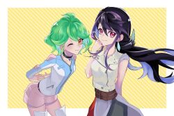 Rule 34 | 2girls, ;), arm behind back, arms behind back, belt, black choker, black hair, choker, closed mouth, earrings, eyelashes, green hair, hair between eyes, highres, jewelry, kurosaki ruri, long hair, looking at viewer, multicolored hair, multiple girls, one eye closed, orange eyes, purple hair, red eyes, rin (yu-gi-oh!), shi shoku, short hair, shorts, smile, twitter username, two-tone hair, yu-gi-oh!, yu-gi-oh! arc-v, zipper pull tab