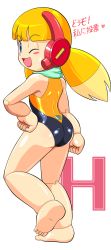 Rule 34 | 1girl, ;), ass, bad id, bad pixiv id, barefoot, blue eyes, blush stickers, call (mighty no. 9), call h, character name, competition swimsuit, feet, hand on own hip, highres, joints, looking back, mighty no. 9, multicolored hair, one-piece swimsuit, one eye closed, open mouth, pepipopo, robot ears, robot joints, scarf, smile, soles, solo, swimsuit, toes, twintails, two-tone hair, wink