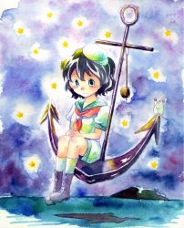 Rule 34 | 1girl, anchor, female focus, murasa minamitsu, painting (medium), shiroaisa, solo, star (symbol), touhou, traditional media, watercolor (medium)
