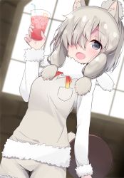 Rule 34 | 10s, 1girl, :d, alpaca ears, alpaca suri (kemono friends), alpaca tail, animal ears, breast pocket, commentary, cowboy shot, cup, doorknoble, drink, drinking glass, drinking straw, fur collar, fur trim, glass, grey eyes, grey hair, hair over one eye, highres, japari symbol, kemono friends, long hair, looking at viewer, open mouth, pocket, ponytail, smile, solo, tail, tray