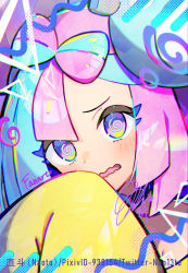 Rule 34 | 1girl, @ @, aqua hair, artist name, bare shoulders, bow-shaped hair, character hair ornament, collarbone, creatures (company), game freak, gen 1 pokemon, hair ornament, highres, iono (pokemon), jacket, long sleeves, looking at viewer, magnemite, multicolored eyes, multicolored hair, naoto (yandereheaven), nintendo, open mouth, pink eyes, pink hair, pixiv id, pokemon, pokemon sv, portrait, signature, sleeves past fingers, sleeves past wrists, smile, solo, split-color hair, twitter username, two-tone hair, wavy mouth, yellow jacket