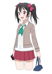 Rule 34 | 10s, 1girl, alternate costume, bag, black hair, blush, bow, cellphone, hair bow, kuri youkan, love live!, love live! school idol project, open mouth, phone, red eyes, school bag, school uniform, short hair, skirt, smartphone, smile, solo, thighhighs, twintails, yazawa nico