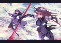 Rule 34 | 2girls, armor, blue sky, bodysuit, breasts, covered navel, dress, dual persona, fate/grand order, fate (series), feather trim, gae bolg (fate), hair between eyes, hair intakes, highres, holding, holding wand, itaco, large breasts, long hair, long sleeves, multiple girls, open mouth, pantyhose, pauldrons, polearm, purple bodysuit, purple dress, purple hair, purple legwear, red eyes, scathach (fate), scathach skadi (fate), shoulder armor, sky, smile, spear, thighs, tiara, wand, weapon, wide sleeves