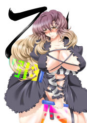 Rule 34 | 1girl, archienemy, blonde hair, blush, breast hold, breasts, censored, convenient censoring, curvy, female focus, hijiri byakuren, huge breasts, long hair, multicolored hair, no bra, no panties, open clothes, open skirt, purple hair, simple background, skirt, solo, standing, thighs, touhou, white background, wide hips, yellow eyes