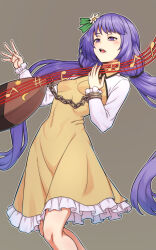 Rule 34 | 1girl, beamed eighth notes, biwa lute, blush, breasts, covered navel, dress, eighth note, feet out of frame, fingernails, flower, frilled dress, frills, grey background, hair flower, hair ornament, highres, instrument, kakone, long hair, long sleeves, lute (instrument), musical note, open mouth, purple eyes, purple hair, quarter note, sharp sign, simple background, small breasts, solo, touhou, tsukumo benben, white flower, yellow dress