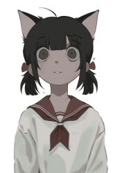 Rule 34 | 1girl, absurdres, ahoge, animal ears, arms at sides, black eyes, black hair, blunt bangs, bow, breasts, cat ears, close-up, commentary, constricted pupils, crazy eyes, dirty, dirty face, empty, english commentary, excited, gozuu, hair between eyes, hair bow, hair ornament, hairclip, heart, highres, light smile, looking at viewer, neckerchief, original, parted lips, portrait, raised eyebrows, red bow, red neckerchief, red sailor collar, ringed eyes, sailor collar, sanpaku, school uniform, serafuku, shirt, short hair, short twintails, simple background, small breasts, solo, twintails, upper body, white background, white shirt, wide-eyed, yandere