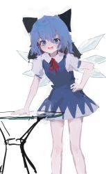Rule 34 | :d, bare legs, blue dress, blue eyes, blue hair, blush, bow, breasts, cirno, collared shirt, dress, eyes visible through hair, hair between eyes, hair bow, hair ornament, hand on own hip, highres, ice, ice wings, lower teeth only, necktie, open mouth, pinafore dress, red necktie, reddizen, shirt, sketch, sleeveless dress, small breasts, smile, solo, table, tagme, teeth, thighs, touhou, upper teeth only, white background, wings