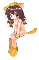 Rule 34 | 1girl, animal ears, bell, brown eyes, brown hair, cat ears, cat tail, di gi charat, nude, puchiko, simple background, solo, tail