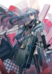 Rule 34 | 1girl, arknights, bandage on face, bandages, black footwear, black gloves, black shirt, boots, closed mouth, coat, commentary, dragon horns, echj, feet out of frame, floating hair, gloves, grey coat, highres, holding, holding weapon, horns, long hair, looking at viewer, official alternate costume, orange eyes, riot shield, saria (arknights), saria (stronghold) (arknights), shield, shirt, silver hair, single glove, solo, strap, syringe gun, thigh boots, thighhighs, trigger discipline, weapon, white background