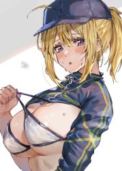Rule 34 | 1girl, :o, ahoge, artoria pendragon (fate), baseball cap, bikini, blonde hair, blue eyes, blue hat, blush, breasts, cleavage, fate/grand order, fate (series), hat, highres, inusaka, large breasts, looking at viewer, mysterious heroine x (fate), mysterious heroine xx (fate), open mouth, ponytail, short hair, shrug (clothing), sidelocks, solo, strap lift, sweat, swimsuit, underboob, white background, white bikini, zipper pull tab