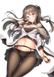 Rule 34 | 1girl, bare shoulders, black bow, black gloves, black panties, black pantyhose, black skirt, bow, breasts, brown hair, cenangam, cleavage, closed mouth, detached collar, fingerless gloves, floating hair, girls&#039; frontline, gloves, grey hair, hair between eyes, hair bow, hair ornament, hairclip, k2 (girls&#039; frontline), long hair, looking at viewer, medium breasts, miniskirt, navel, panties, panties over pantyhose, pantyhose, showgirl skirt, simple background, skirt, smile, solo, thighs, underwear, white background