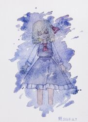 Rule 34 | 1girl, absurdres, black dress, blonde hair, closed eyes, dress, full body, hair ribbon, highres, open mouth, painting (medium), red eyes, ribbon, rumia, short hair, simple background, solo, touhou, traditional media, watercolor (medium), white background, yeshi (pixiv45982327)