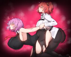 Rule 34 | 1futa, 1girl, afterimage, arm held back, ass, black pants, blush, breasts, commission, covered erect nipples, doggystyle, fate/grand order, fate (series), from side, fujimaru ritsuka (female), futa with female, futanari, heart, highres, huge breasts, mash kyrielight, multiple girls, necktie, open mouth, pants, pixiv commission, purple hair, red hair, red necktie, rikuguma, sex, sex from behind, shirt, short hair, side ponytail, sleeveless, speed lines, textless version, torn clothes, torn pants, white shirt