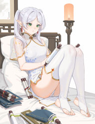 1girl :/ alternate_costume book breasts candle china_dress chinese_clothes closed_mouth commentary_request dress earrings elf fangxiang_cuoluan feet floral_print_dress frieren gold_trim green_eyes grey_hair highres holding holding_scroll jewelry knees_up light_blush long_hair long_pointy_ears no_shoes on_bed panties pantyshot parted_bangs pillow pointy_ears reading scroll short_eyebrows simple_background sitting sleeveless sleeveless_dress small_breasts solo sousou_no_frieren stirrup_legwear thighhighs toeless_legwear toes twintails underwear white_background white_dress white_panties white_thighhighs