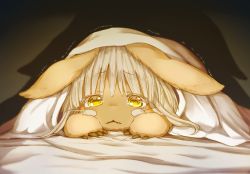 Rule 34 | 1other, bed sheet, blanket, bob cut, brown fur, commentary request, eyes visible through hair, fangs, floppy ears, furry, grey hair, highres, horizontal pupils, inverted bob, looking at viewer, lying, made in abyss, medium hair, nanachi (made in abyss), nina (maurururoa), on back, other focus, parted lips, scared, shadow, solo, trembling, under covers, whiskers, yellow eyes