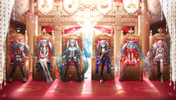 Rule 34 | 25-ji miku, 6+girls, absurdres, aqua eyes, aqua hair, backlighting, black thighhighs, blue hair, commentary, courtroom, day, hatsune miku, highres, indoors, itogari, leo/need miku, long hair, looking at viewer, more more jump! miku, multiple girls, multiple persona, official alternate costume, project sekai, short sleeves, sitting, straight-on, tapestry, thighhighs, throne, twintails, very long hair, vivid bad squad miku, vocaloid, wonderlands x showtime miku