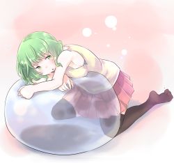 Rule 34 | 1girl, alive 111111, ball, bare arms, bare shoulders, black thighhighs, blush, breasts, commentary request, exercise ball, full body, green eyes, green hair, head on arm, kneeling, light blush, medium hair, no shoes, open mouth, original, pastel colors, pleated skirt, red skirt, shirt, skirt, sleeveless, sleeveless shirt, solo, thighhighs, wavy hair, white shirt, zettai ryouiki