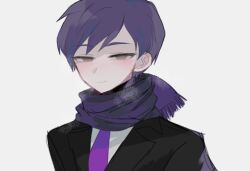 Rule 34 | 1boy, black jacket, blush, brown eyes, closed mouth, commentary request, jacket, lobotomy corporation, looking at viewer, male focus, necktie, project moon, purple hair, purple necktie, purple scarf, scarf, shirt, short hair, simple background, smile, solo, tendenbarabara, white background, white shirt, yesod (project moon)