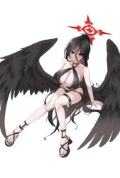 Rule 34 | 1girl, angel wings, black hair, black wings, blue archive, dragonchicken02, halo, hasumi (blue archive), highres, looking at viewer, nail polish, red eyes, simple background, solo, thighs, white background, wings