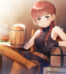 Rule 34 | 1girl, alcohol, beer, beer mug, belt, black gloves, blush, boots, braid, crate, crossed legs, cup, dungeon meshi, e (ejkfogksiu sjsial), female focus, freckles, gloves, halfling, highres, looking at viewer, mayjack (dungeon meshi), mug, parted lips, red hair, sitting, sleeveless, solo, thigh boots, thighhighs, treasure chest, twin braids