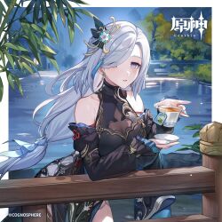Rule 34 | 1girl, bare shoulders, black dress, blue eyes, commentary request, copyright name, cowboy shot, cup, detached sleeves, dress, genshin impact, grey hair, hair ornament, hair over one eye, highres, holding, holding cup, juliet sleeves, long hair, long sleeves, looking at viewer, official alternate costume, official art, parted lips, puffy sleeves, railing, shenhe (frostflower dew) (genshin impact), shenhe (genshin impact), solo, standing, very long hair, water