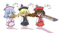 Rule 34 | 3girls, black dress, black headwear, blonde hair, blue eyes, blue hair, blush stickers, brown eyes, brown hair, chibi, commentary request, crescent, crescent hat ornament, dress, hat, hat ornament, highres, instrument, keyboard (instrument), lunasa prismriver, lyrica prismriver, medium hair, merlin prismriver, multiple girls, music, pink dress, pink headwear, playing instrument, puffy sleeves, red dress, red headwear, shadow, shitacemayo, short hair, siblings, simple background, sisters, star (symbol), star hat ornament, touhou, translated, trumpet, violin, white background, yellow eyes, you&#039;re doing it wrong
